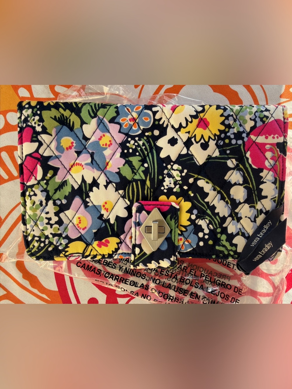 Vera Bradley Poppy Fields Turnlock Wallet Quilted Floral Print Boho Multi Fabric